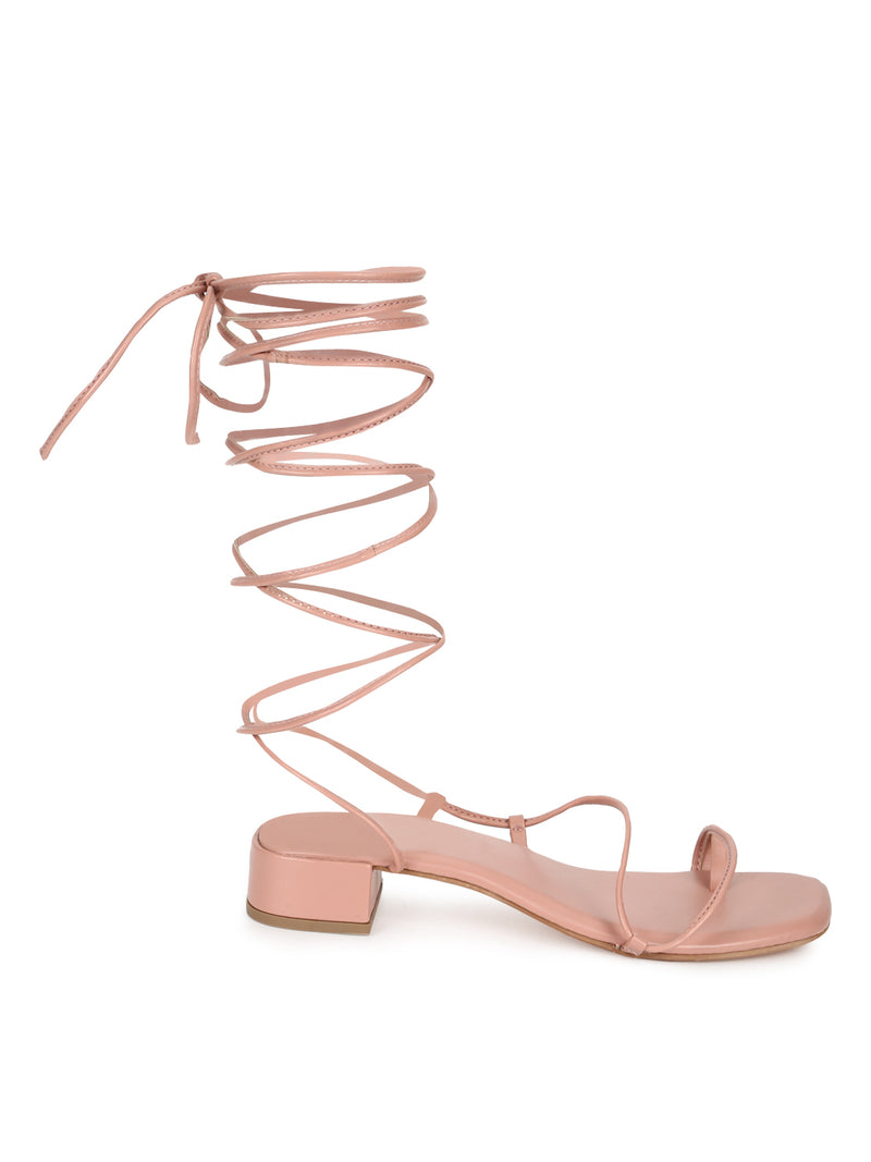 Nude PU Low Block Heel Lace Up Sandals (TP28054-NUD)