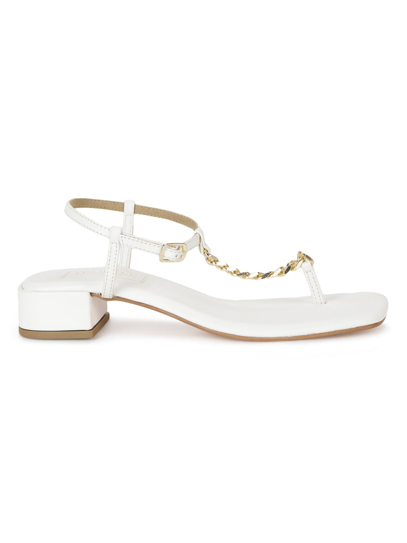 White PU Low Block Heel Sandals With Gold Chain (TP28051-WHT)