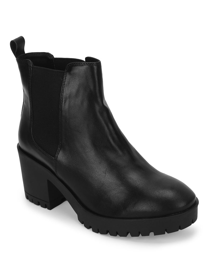 Black PU Block Heel Slip On Ankle Boots (TC-ST-1201-BLKPU)
