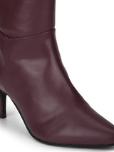 Burgundy PU Pointed Knee High Boots