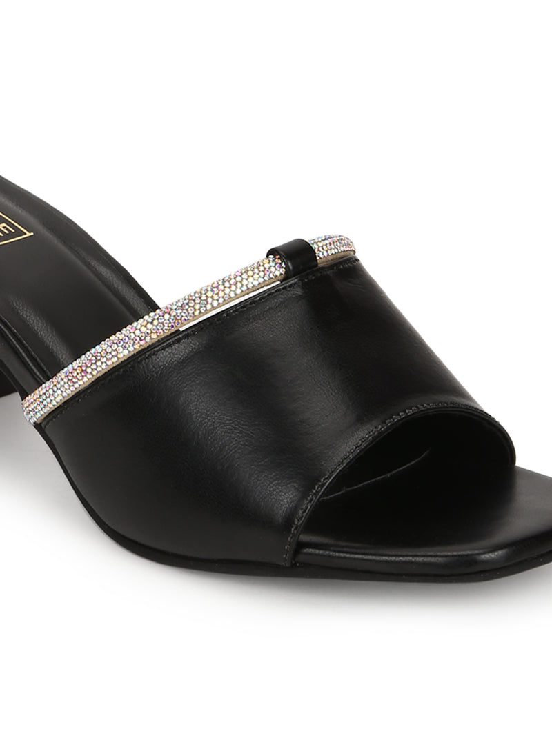 Black PU Diamante Embellished Block Heel Mules (TC-SLC-N1117-BLK)