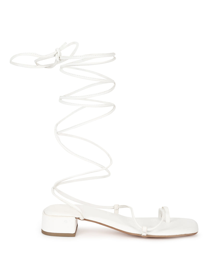 White PU Low Block Heel Lace Up Sandals (TP28054-WHT)