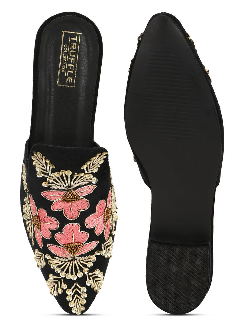 Black Suede Floral Embroidery Kitten Heel Mules (TC-SLC-MJ-14-BLK)