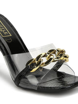 Black Patent Snake Gold Chained Stiletto Mules