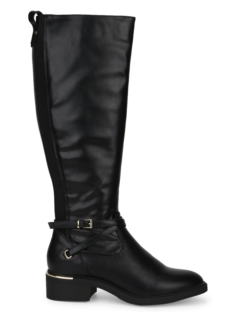 Black PU Side Buckle Zip Up Riding Knee Boots