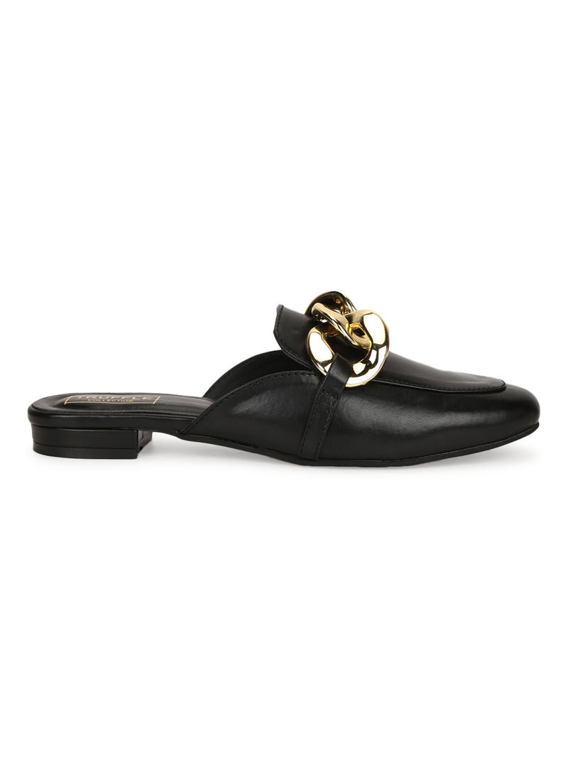 Black PU Kitten Heel Loafers With Chunky Chain Details (TC-SLC-C-5-BLK)