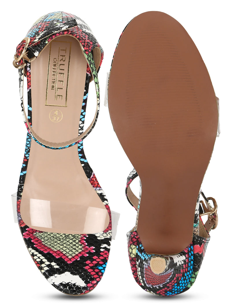 Multicolor Snake Stilettos With Clear Straps