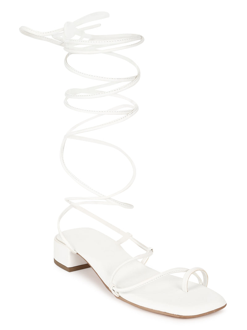 White PU Low Block Heel Lace Up Sandals (TP28054-WHT)