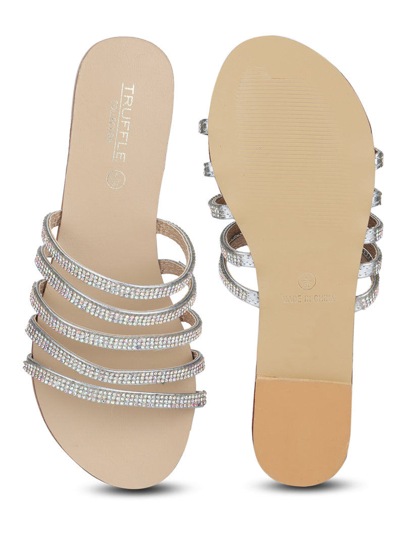 Silver Strappy Diamante Slip-on Flats