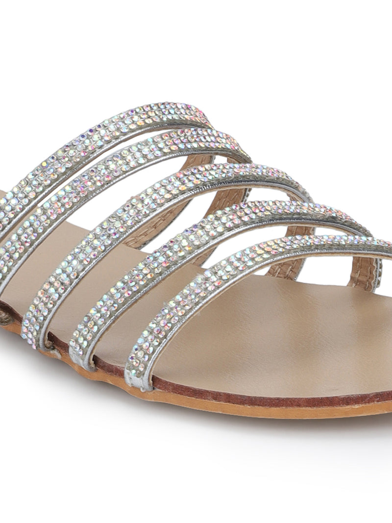 Silver Strappy Diamante Slip-on Flats