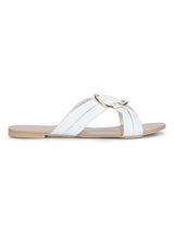 White PU Twisted Strap Buckled Slip-on Flats