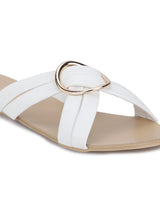 White PU Twisted Strap Buckled Slip-on Flats
