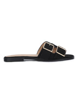 Black Suede Double Buckle Slip-on Flats