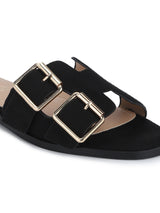 Black Suede Double Buckle Slip-on Flats
