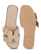 Nude Suede Double Buckle Slip-on Flats