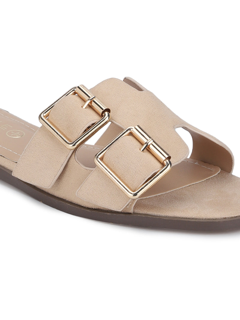Nude Suede Double Buckle Slip-on Flats