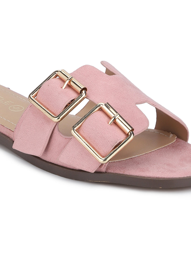Pink Suede Double Buckle Slip-on Flats