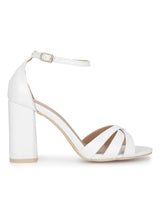White Patent Crossover Ankle Strap Block Heels