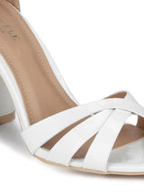 White Patent Crossover Ankle Strap Block Heels