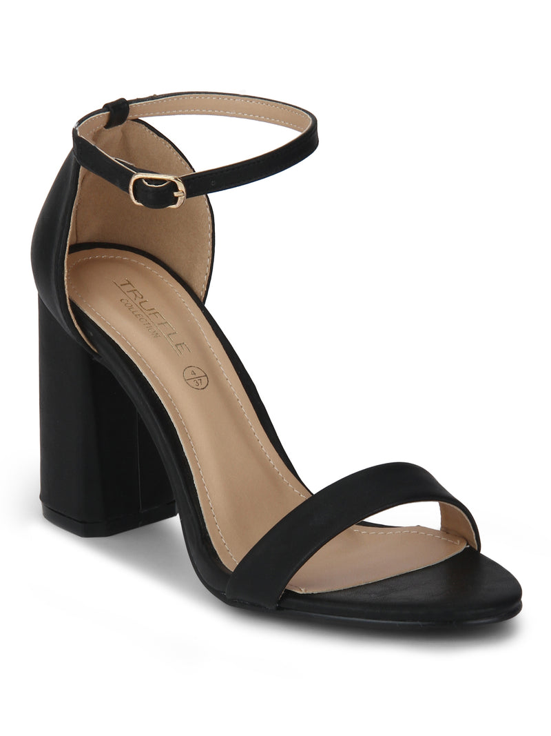 Black PU with Ankle Strap Block Heels
