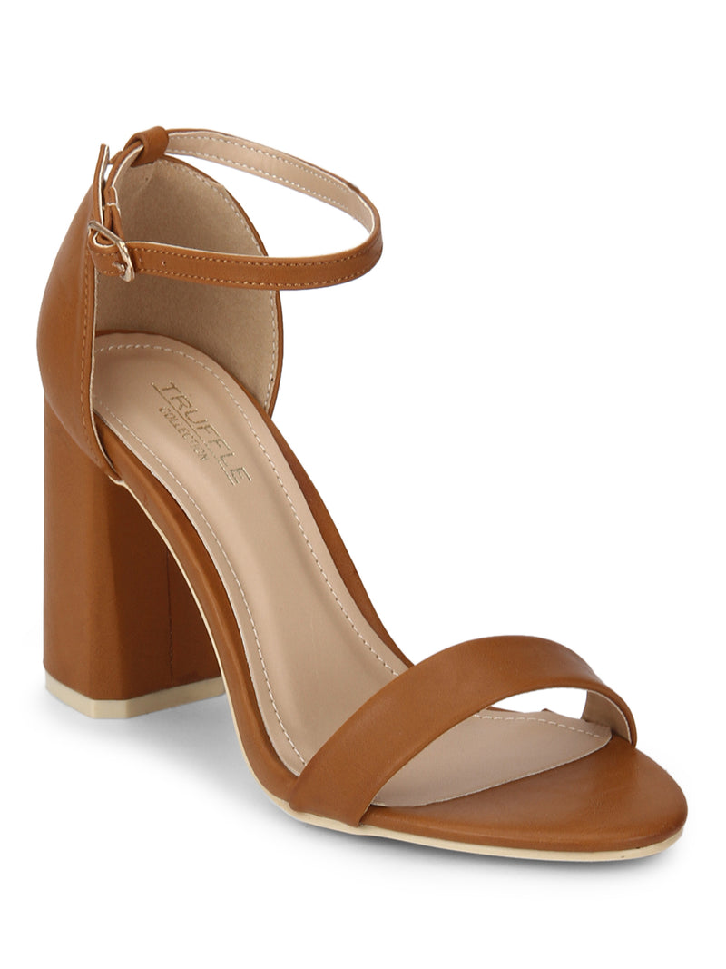 Camel PU with Ankle Strap Block Heels
