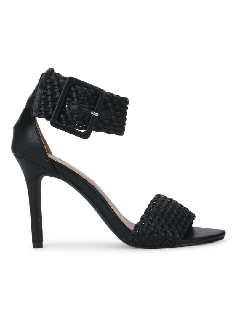 Black PU Knitted Ankle Strap Stiletto Heels