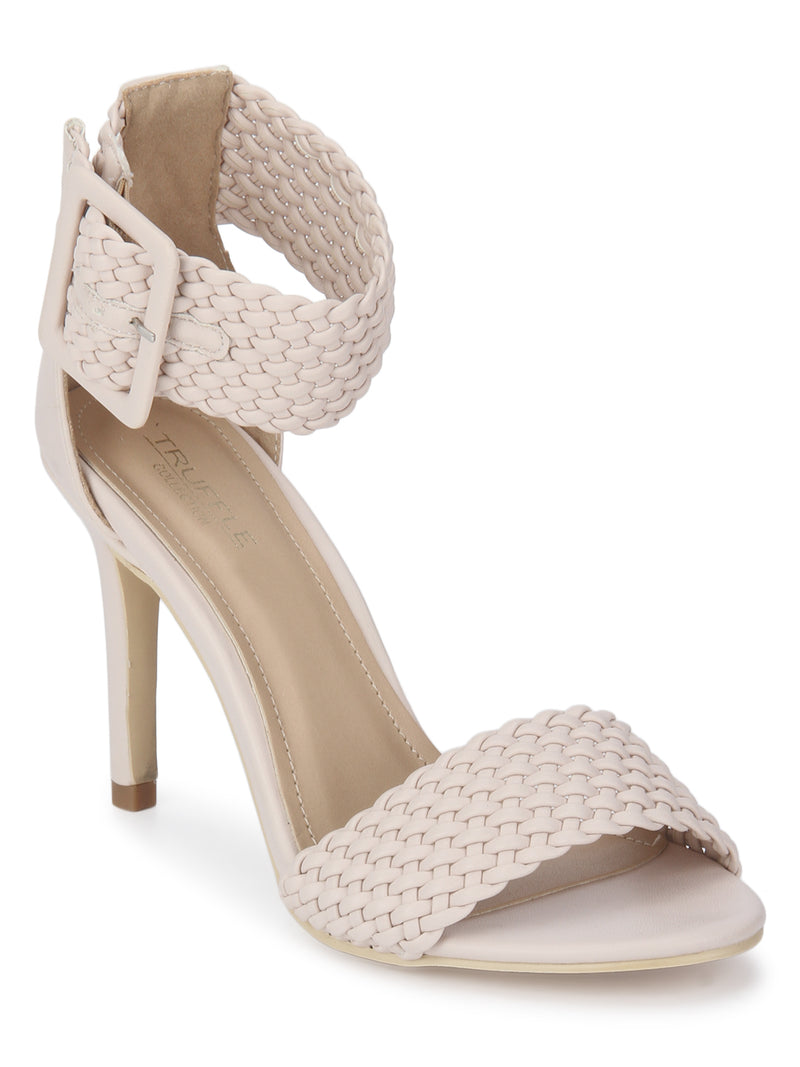 Pink PU Knitted Ankle Strap Stiletto Heels