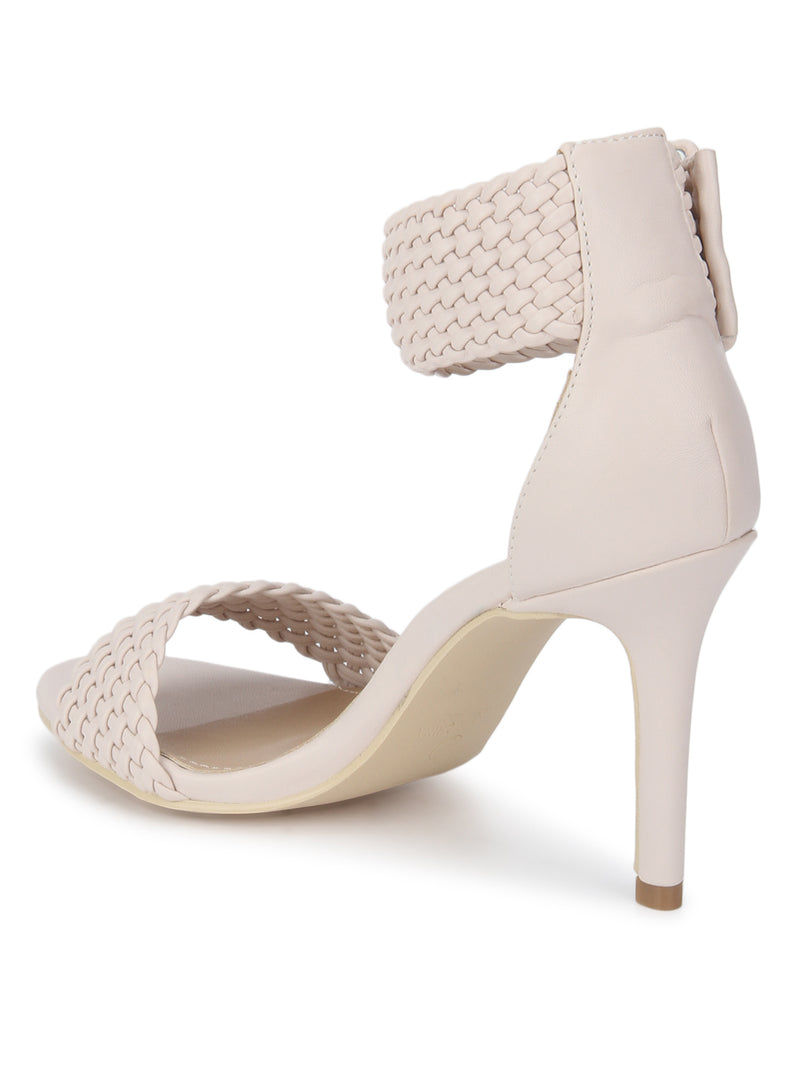 Pink PU Knitted Ankle Strap Stiletto Heels