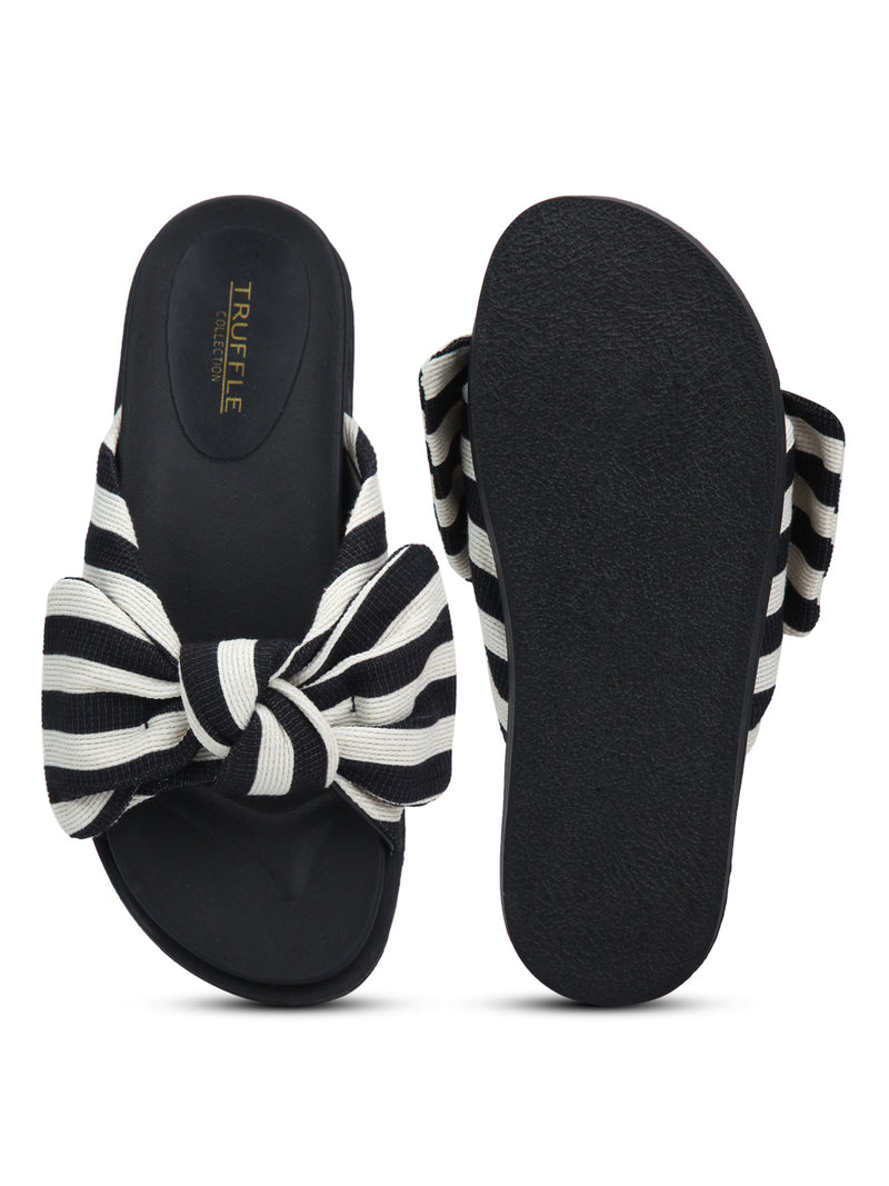 Black Striped Bow Slip-on Flats