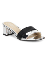 Black Silver Low Block Sandal Heels