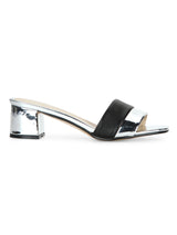 Black Silver Low Block Sandal Heels