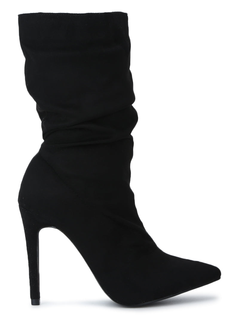 Black Micro Sock Slouched Pointed Toe Stiletto Ankle Length Boots