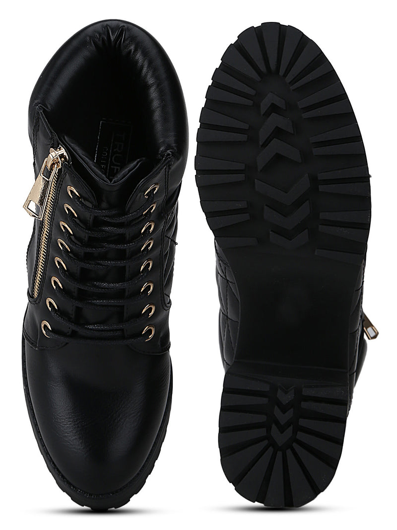 Black PU Zipper Lace-Up Cleated Platform Block Heel Biker Ankle Length Boots