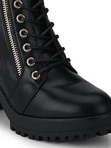 Black PU Zipper Lace-Up Cleated Platform Block Heel Biker Ankle Length Boots
