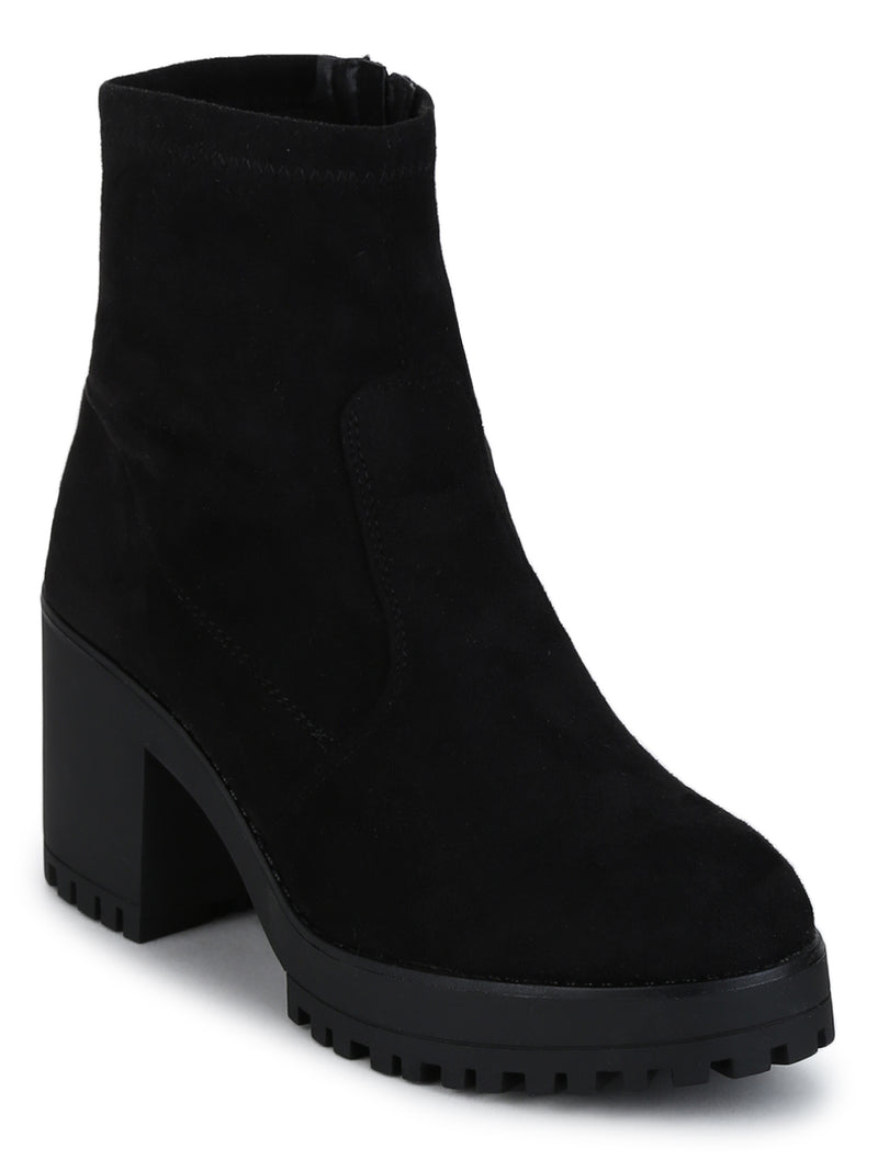 Black Stretch Micro Cleated Platform Block Heel Ankle Length Boots