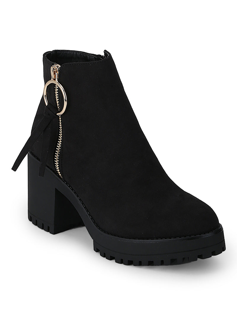 Black Micro Side Zipple Cleated Platform Block Heel Ankle Length Boots