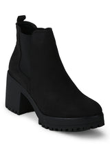 Black Micro Cleated Platform Low Block Heel Ankle Length Boots