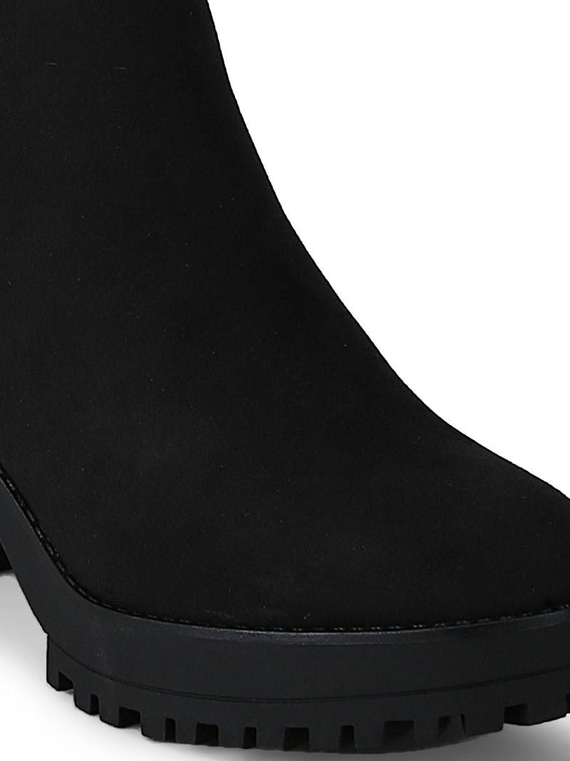 Black Micro Cleated Platform Low Block Heel Ankle Length Boots