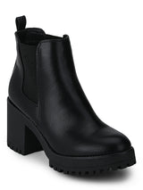 Black PU Cleated Platform Low Block Heel Ankle Length Boots