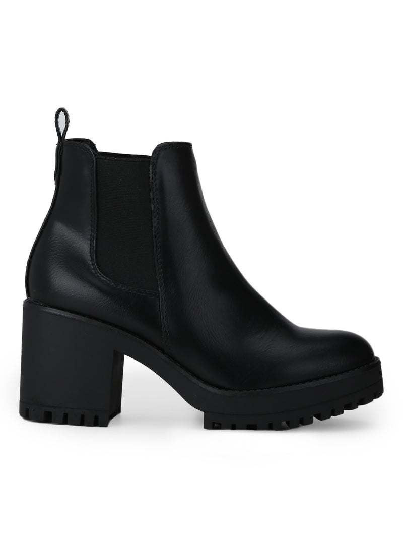 Black PU Cleated Platform Low Block Heel Ankle Length Boots
