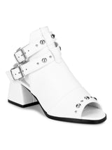 White PU Stud and Buckle Strap Peep Toe Block Heels