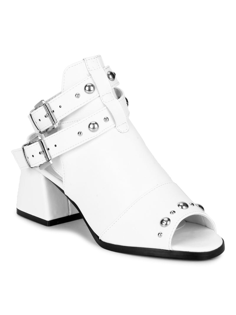 White PU Stud and Buckle Strap Peep Toe Block Heels