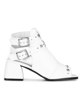 White PU Stud and Buckle Strap Peep Toe Block Heels