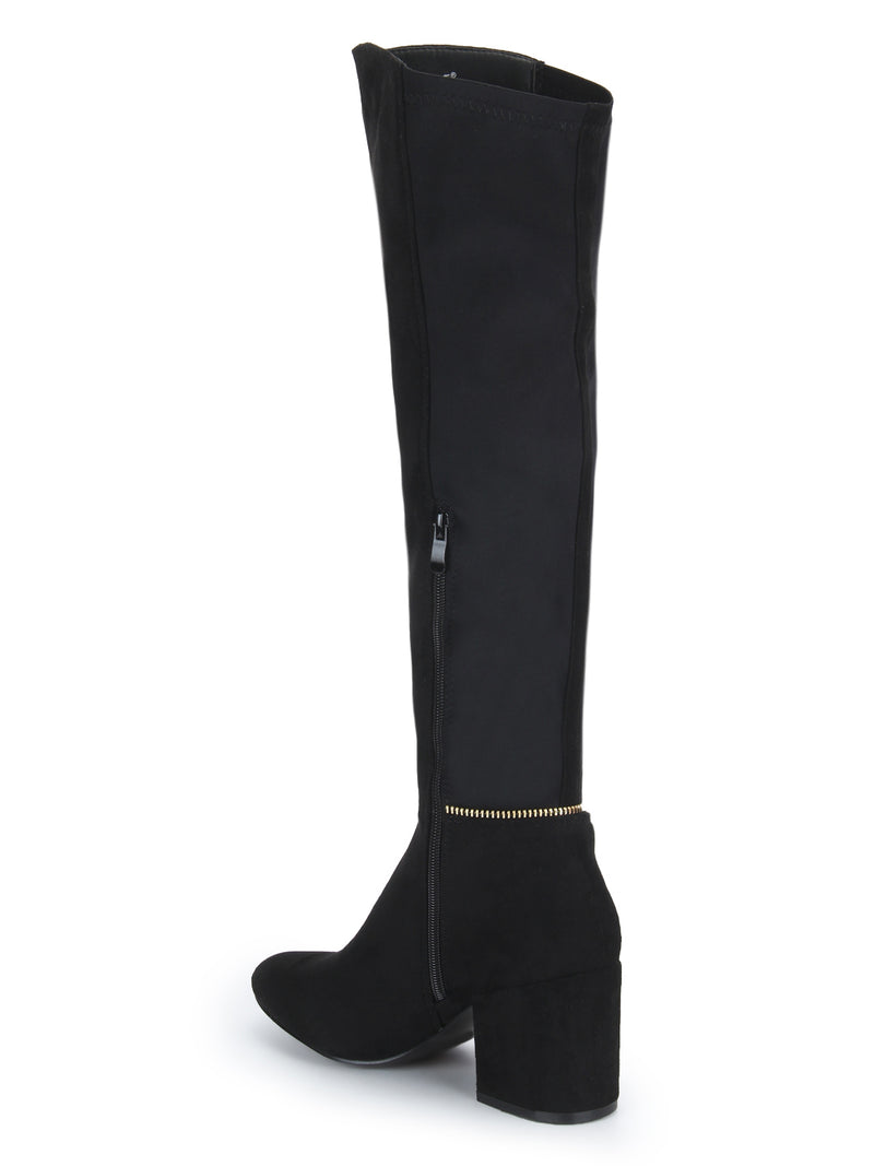 Black Micro Zipper Block Heel Long Boots