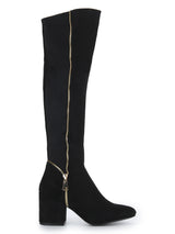 Black Micro Zipper Block Heel Long Boots
