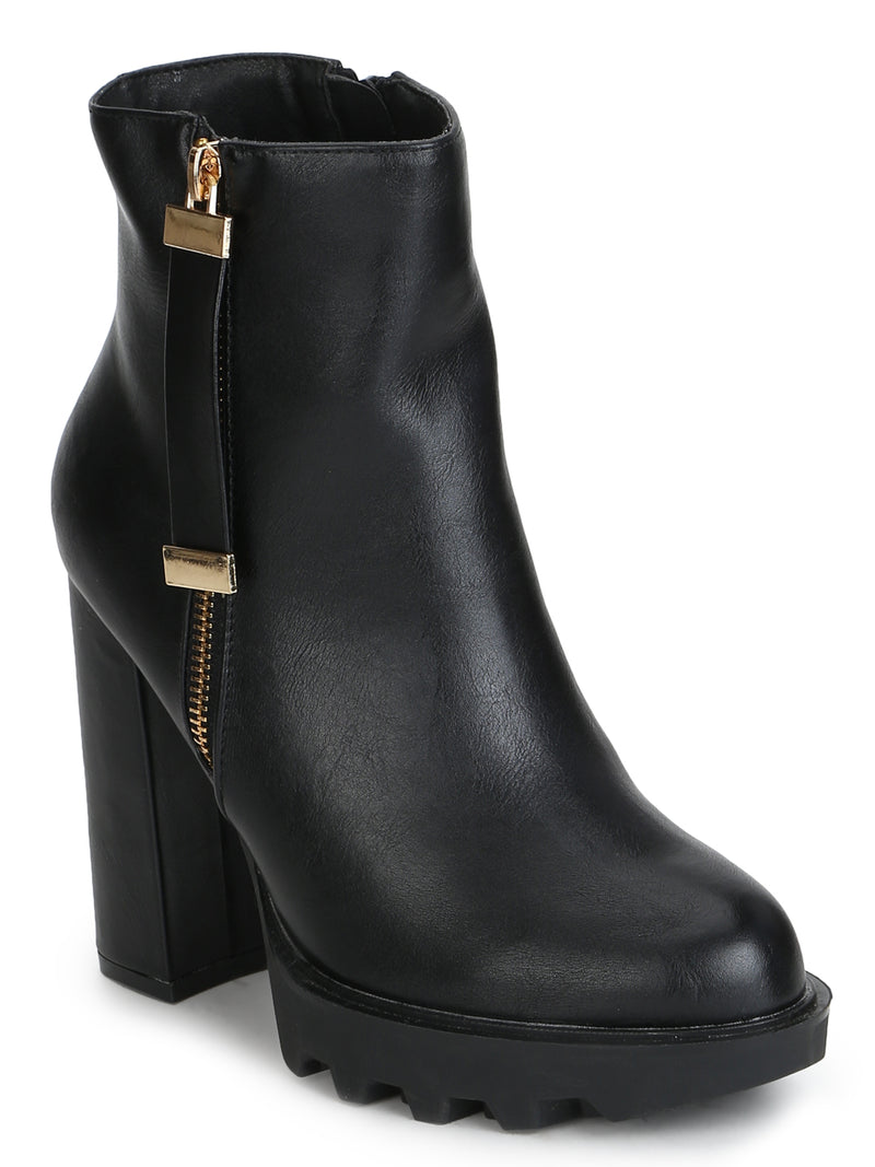 Black PU Side Zipper Block Heel Ankle Length Boots