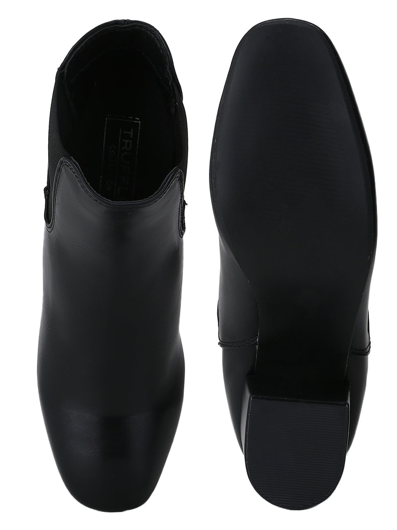Black PU Block Heel Ankle Length Boots