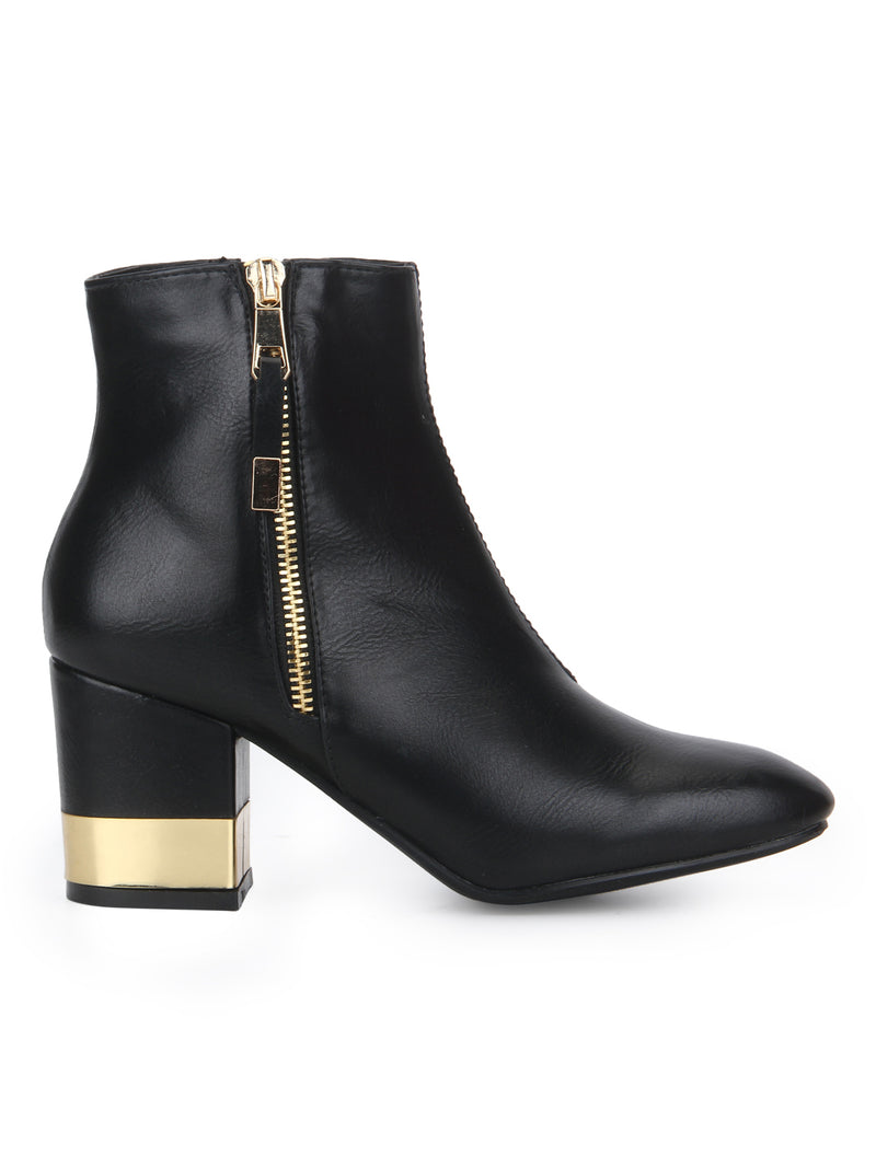 Black PU Golden Heel Side Zipper Ankle Boots