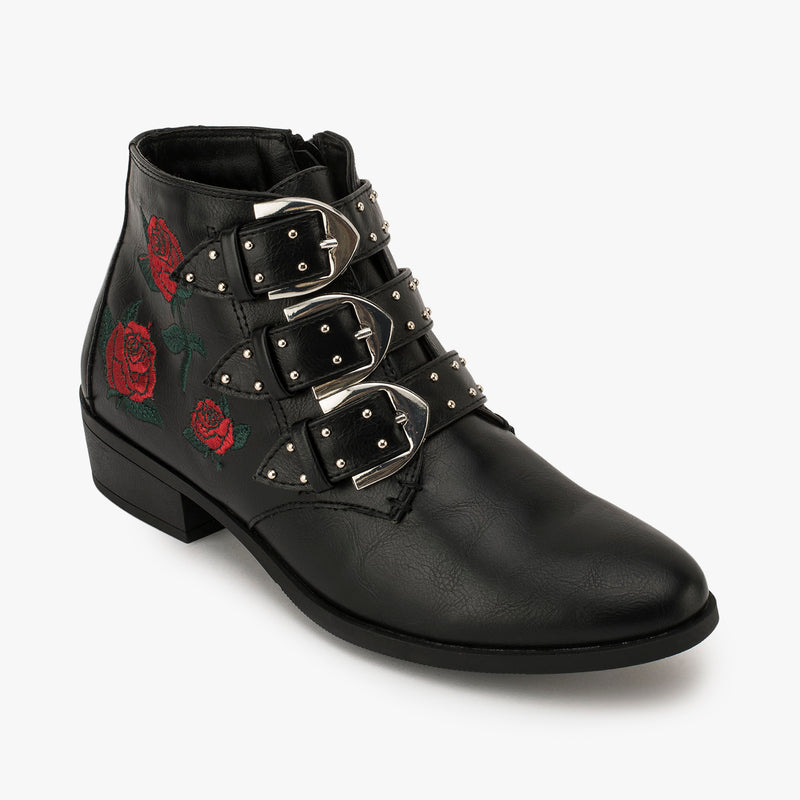 Black Synthetic Embroidery Buckle Ankle Boot