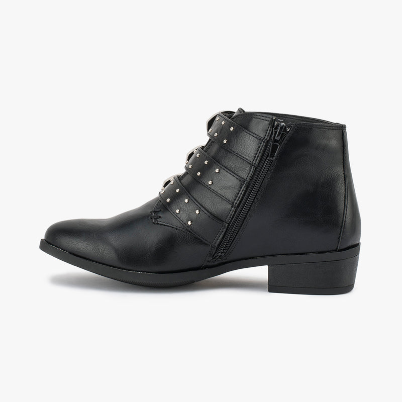 Black Synthetic Embroidery Buckle Ankle Boot